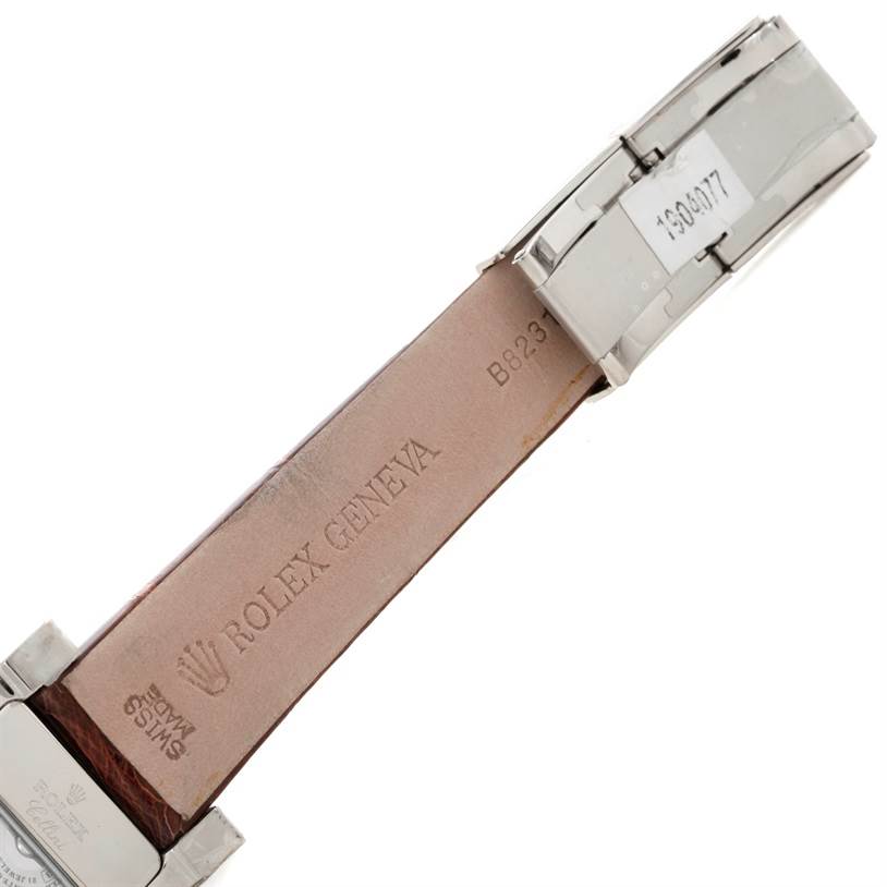 The image shows the buckle and interior strap of a Rolex Cellini 5441 Men's White Gold Silver Dial 5441 Men's White Gold Silver Dial watch.