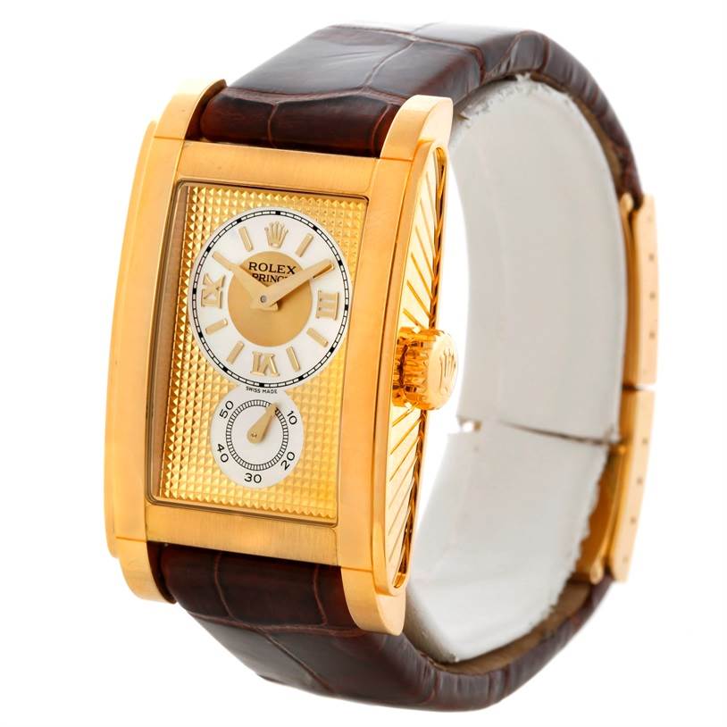 The image shows a Rolex Cellini 5440 Men's Yellow Gold Champagne Dial 5440 Men's Yellow Gold Champagne Dial watch at an angle showcasing its gold case, dial, crown, and brown leather strap.