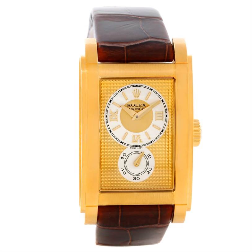 The image shows a front view of the Rolex Cellini 5440 Men's Yellow Gold Champagne Dial 5440 Men's Yellow Gold Champagne Dial watch, highlighting its rectangular dial, gold case, and brown leather strap.