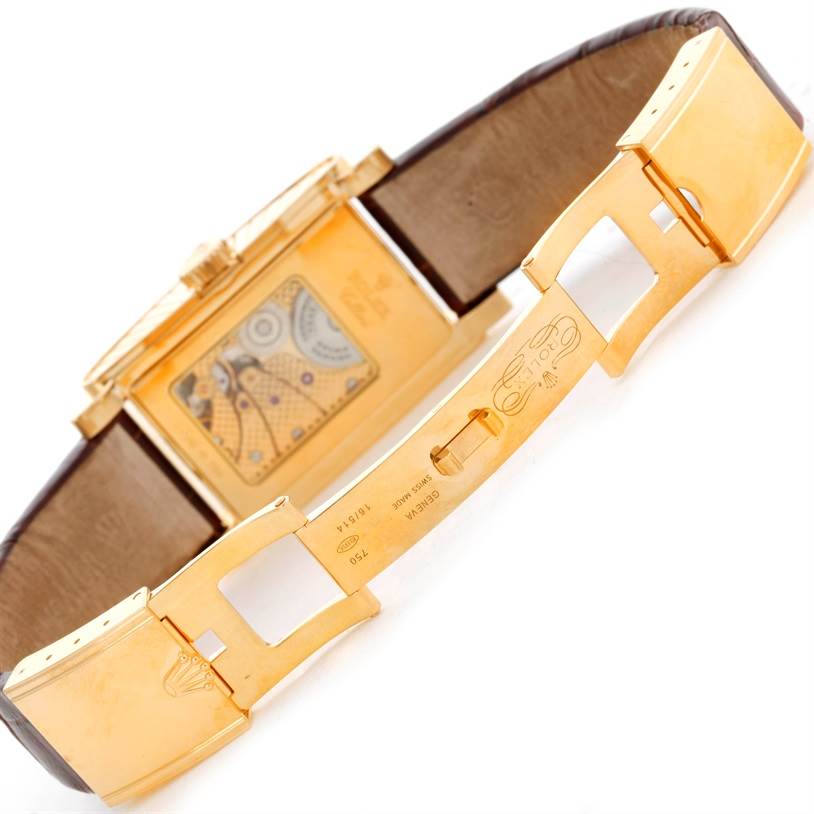 The image shows the back and inner clasp of a Rolex Cellini 5440 Men's Yellow Gold Champagne Dial 5440 Men's Yellow Gold Champagne Dial watch with the movement and branding visible.