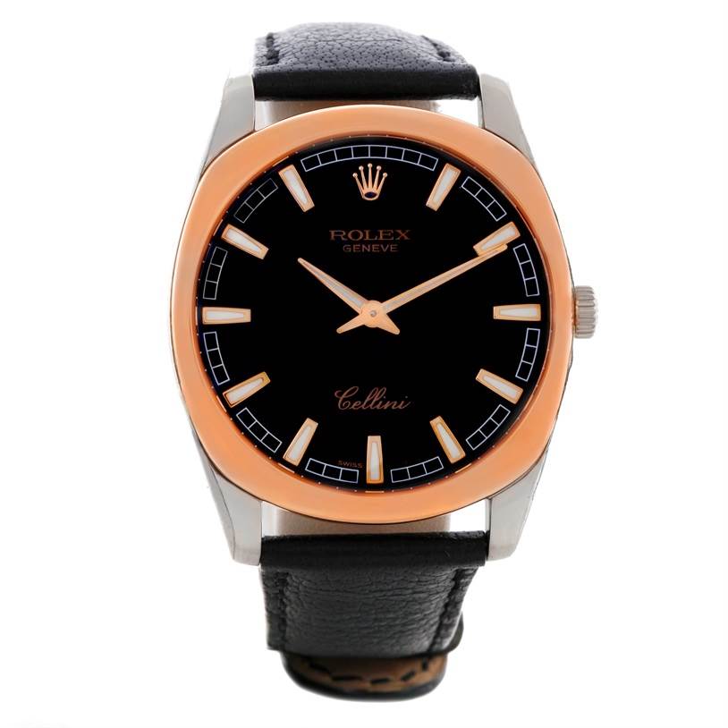 The image shows a front view of a Rolex Cellini Men's White Gold Black Dial Men's White Gold Black Dial watch featuring a black dial, gold bezel, and black leather strap.
