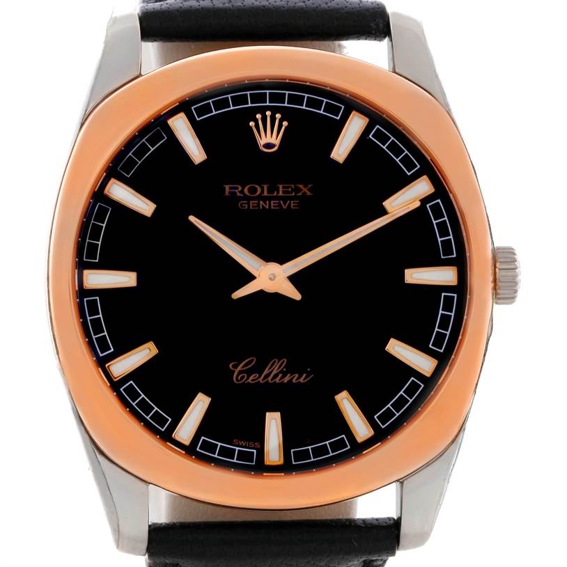 The image shows a front view of the Rolex Cellini Men's White Gold Black Dial Men's White Gold Black Dial watch, displaying its dial, hands, and part of the strap.