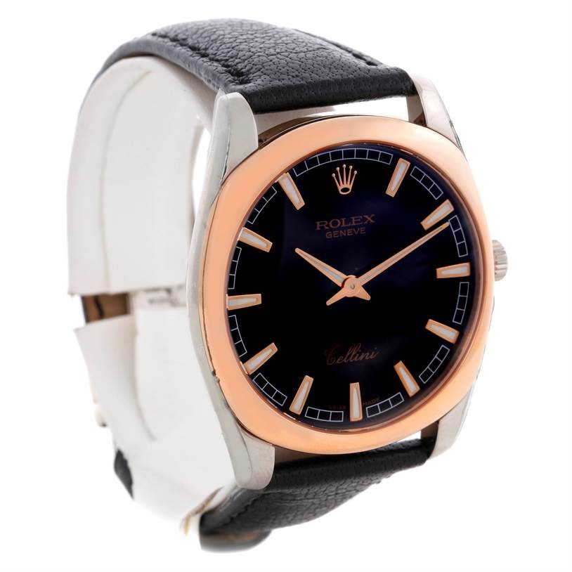 The Rolex Cellini Men's White Gold Black Dial Men's White Gold Black Dial model watch is shown at an angled view featuring the dial, bezel, case, and leather strap.