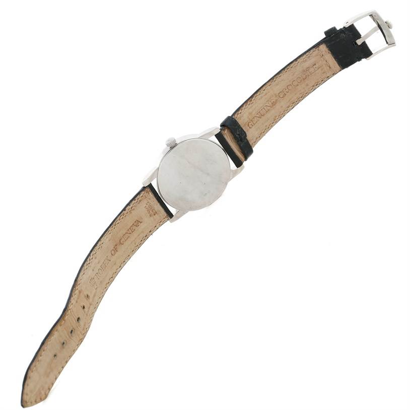 This image shows the back view of a Rolex Cellini 5116 Men's White Gold Black Dial 5116 Men's White Gold Black Dial watch, including its leather strap and buckle.