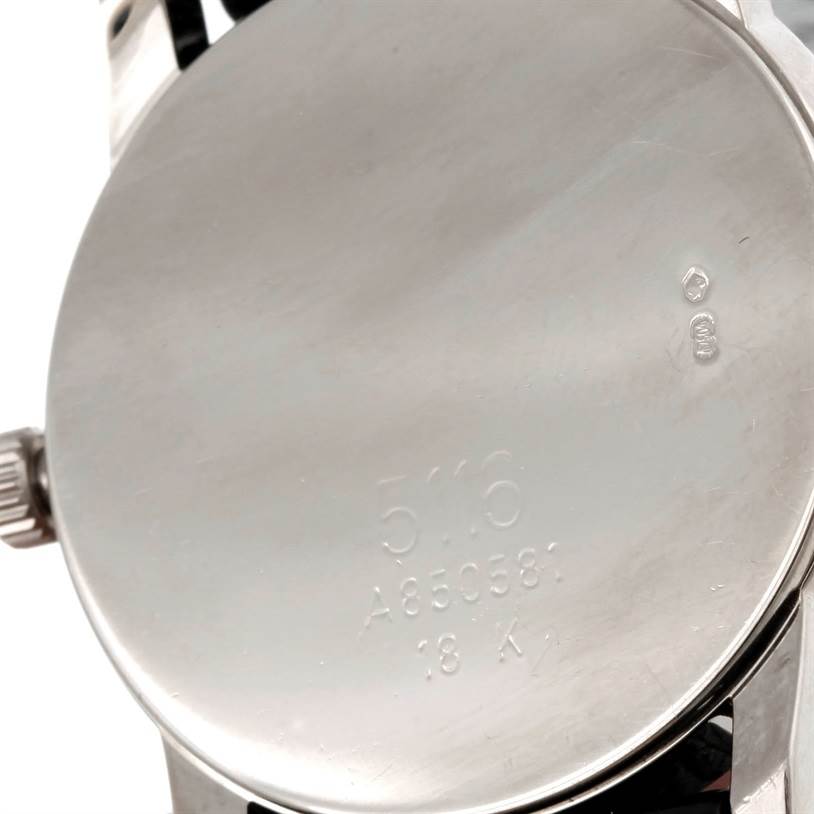 This image shows the case back of a Rolex Cellini 5116 Men's White Gold Black Dial 5116 Men's White Gold Black Dial watch, highlighting its inscriptions and hallmark.