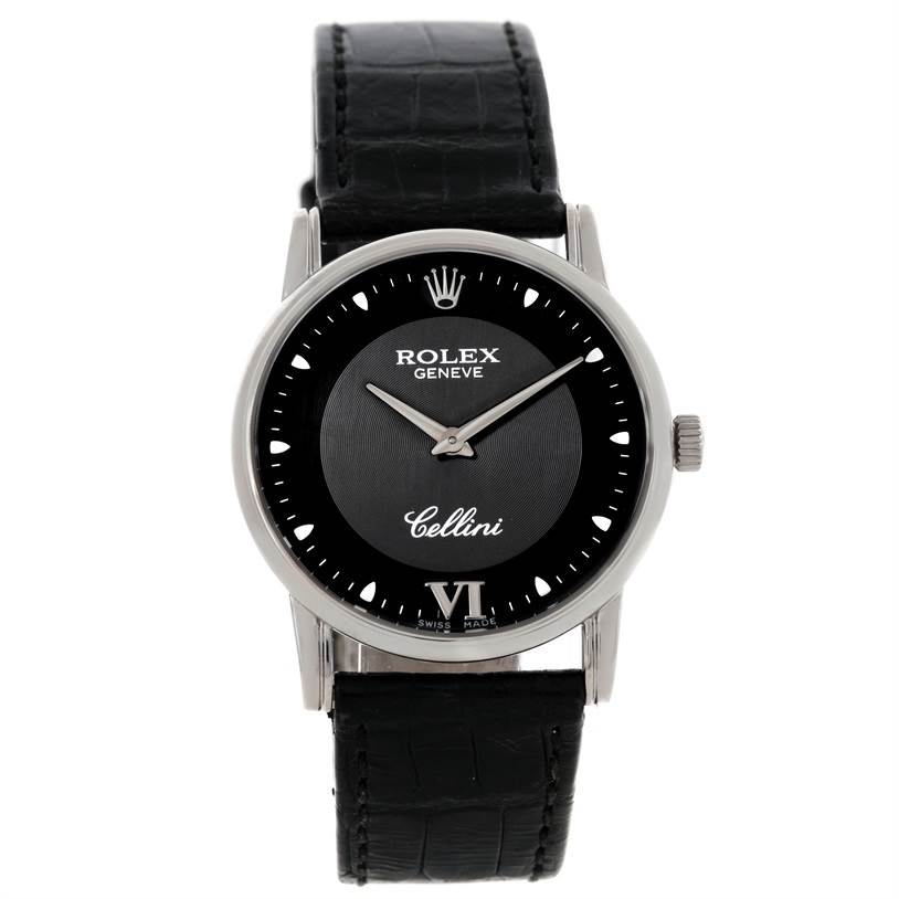 This Rolex Cellini 5116 Men's White Gold Black Dial 5116 Men's White Gold Black Dial watch is shown from the front angle, displaying the face, hands, crown, and black leather strap.