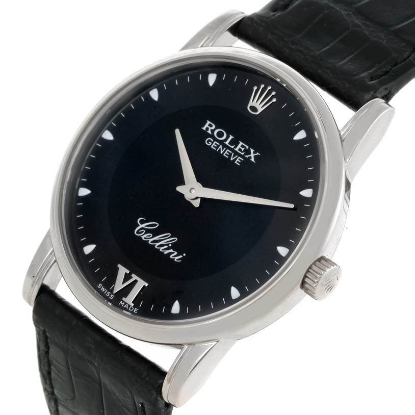 This image shows the face and strap of a Rolex Cellini 5116 Men's White Gold Black Dial 5116 Men's White Gold Black Dial model watch from a slightly angled top view.