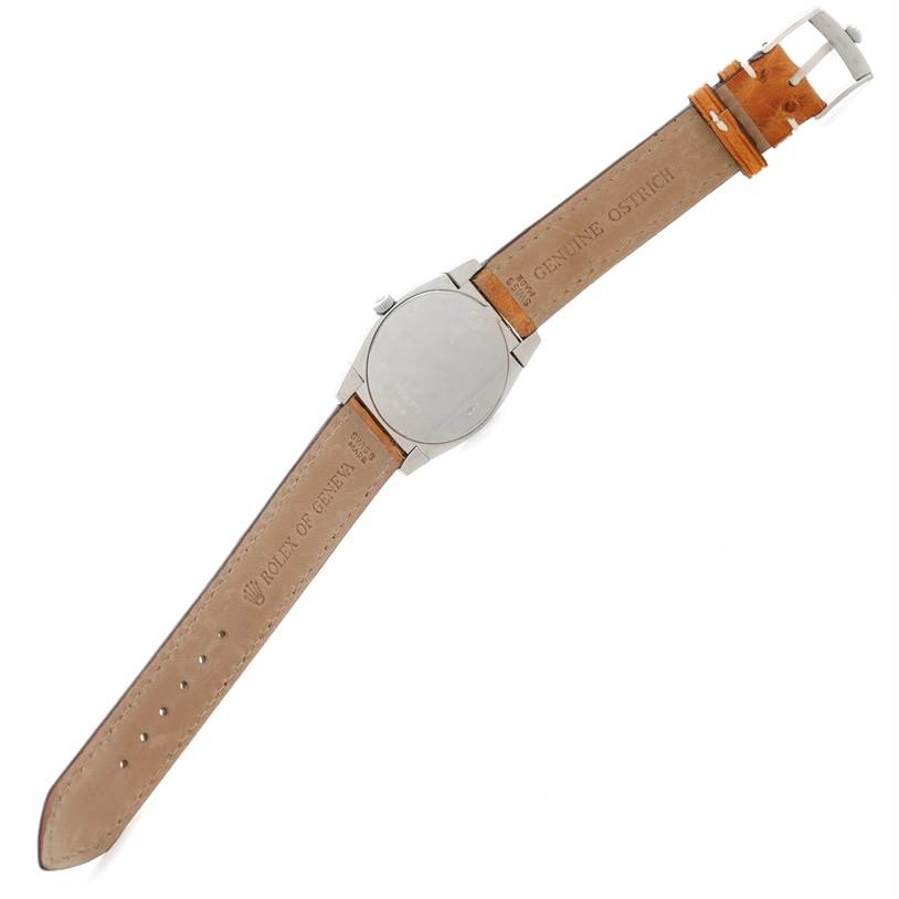 The image shows the back view of the Rolex Cellini 5320 Men's White Gold White Dial 5320 Men's White Gold White Dial watch, highlighting the watch's case back and leather strap.