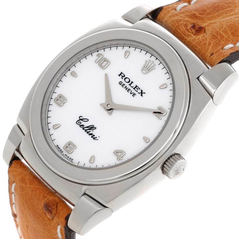The image shows a close-up view of a Rolex Cellini 5320 Men's White Gold White Dial 5320 Men's White Gold White Dial watch face, crown, and part of the leather strap from an angle slightly above the front.