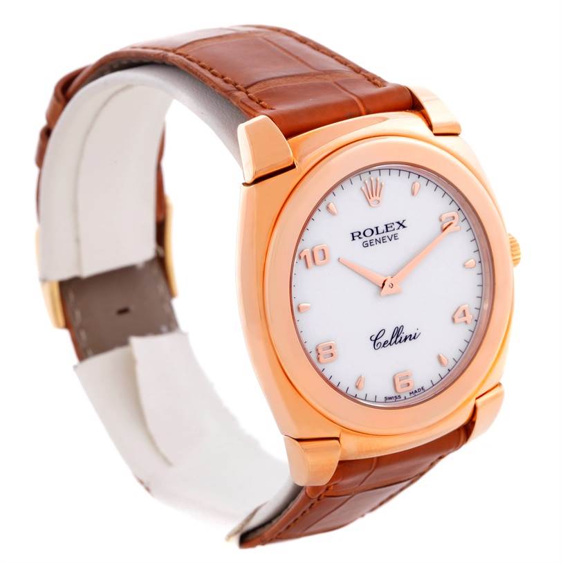 This image shows a side angle of a Rolex Cellini 5330 Men's Rose Gold White Dial 5330 Men's Rose Gold White Dial watch, highlighting its brown leather strap, rose gold case, and white dial.