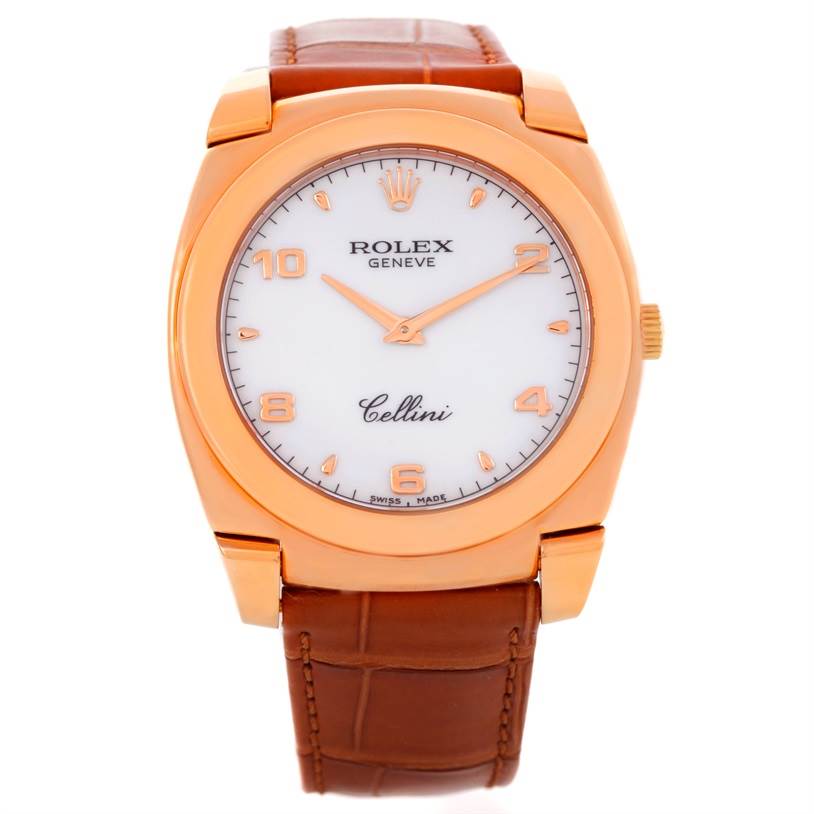 This image shows a Rolex Cellini 5330 Men's Rose Gold White Dial 5330 Men's Rose Gold White Dial watch from a front angle, highlighting its face, dial, case, and brown leather strap.