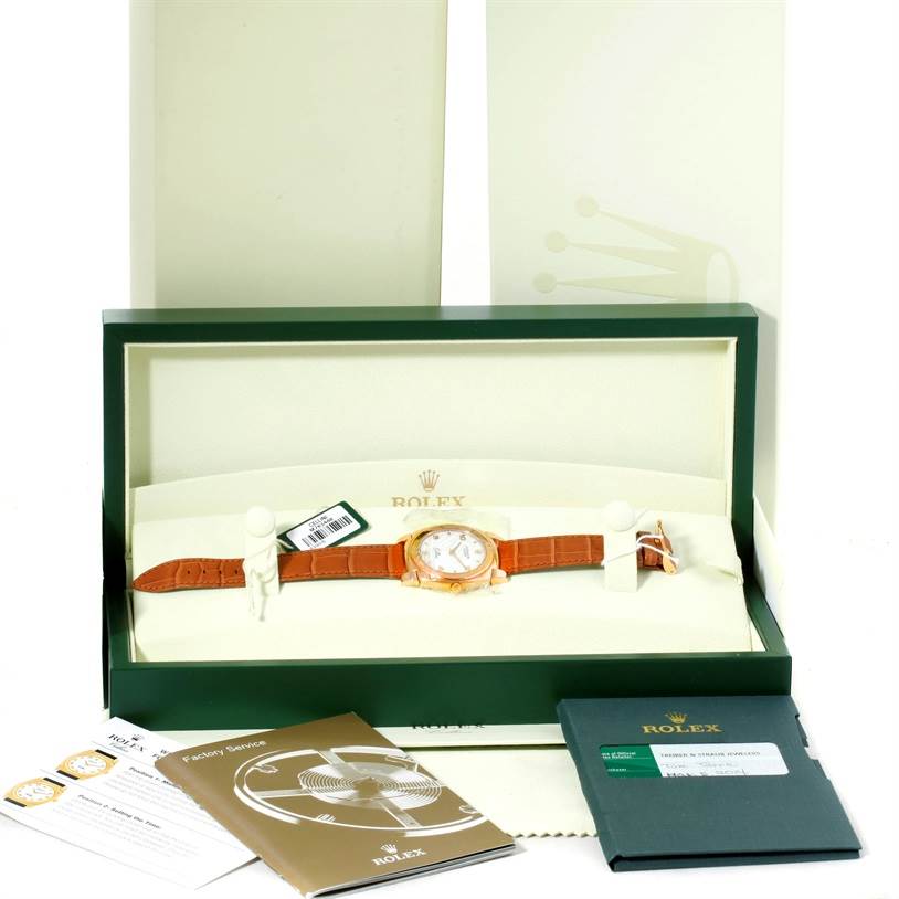 The image shows a Rolex Cellini 5330 Men's Rose Gold White Dial 5330 Men's Rose Gold White Dial watch in its box, accompanied by booklets, tags, and warranty cards.