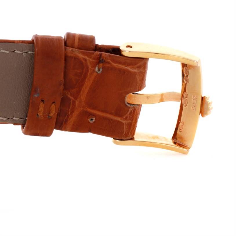 The image shows a close-up side view of the buckle and part of the leather strap of a Rolex Cellini 5330 Men's Rose Gold White Dial 5330 Men's Rose Gold White Dial watch.