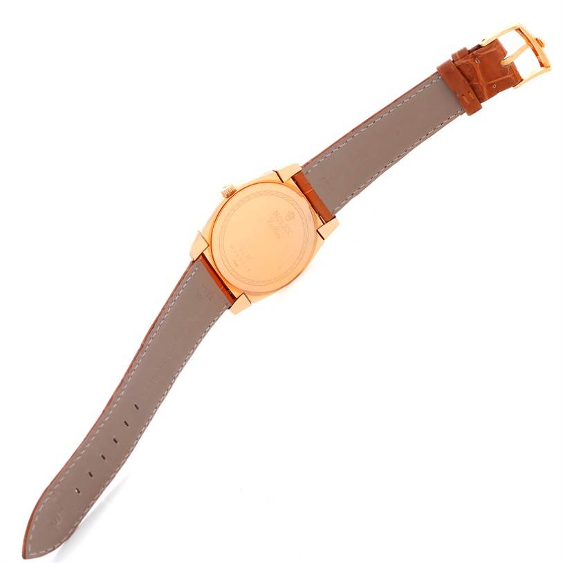 The image shows the back and strap of a Rolex Cellini 5330 Men's Rose Gold White Dial 5330 Men's Rose Gold White Dial watch, viewed from above.