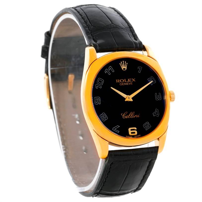 The image shows a front angled view of a Rolex Cellini 4233 Men
s Yellow Gold Black Dial 4233 Men
s Yellow Gold Black Dial watch, displaying the face, bezel, lugs, and part of the leather strap.