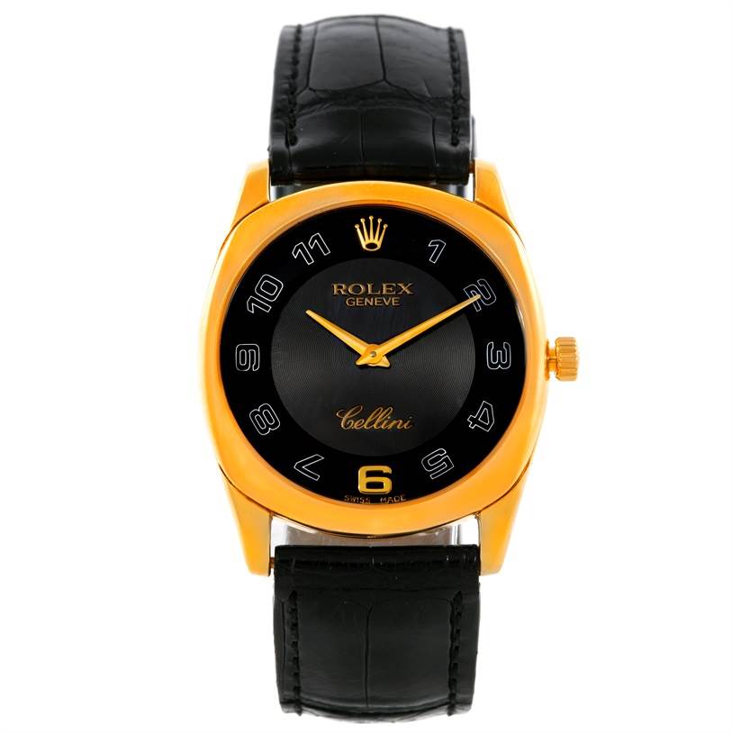 This is a front view of the Rolex Cellini 4233 Men
s Yellow Gold Black Dial 4233 Men
s Yellow Gold Black Dial watch, showing its face, gold case, black dial, and black leather strap.