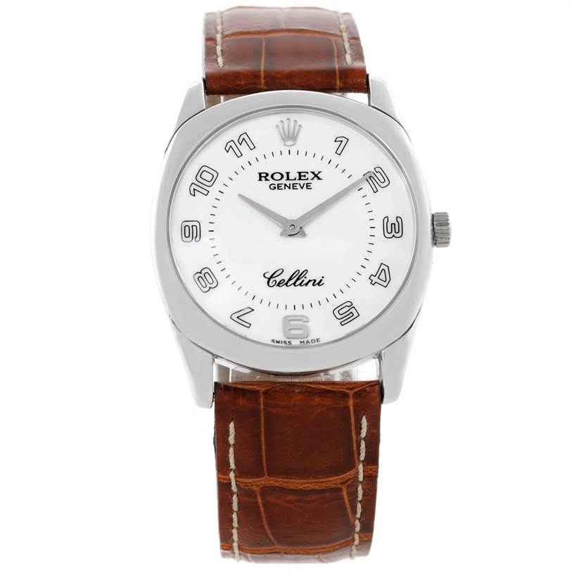 The Rolex Cellini 4233 Men's White Gold White Dial 4233 Men's White Gold White Dial watch is shown from a front angle, displaying the dial, case, and brown leather strap.