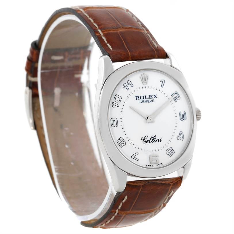 This Rolex Cellini 4233 Men's White Gold White Dial 4233 Men's White Gold White Dial watch is shown at an angle emphasizing the face, case, and brown leather strap.