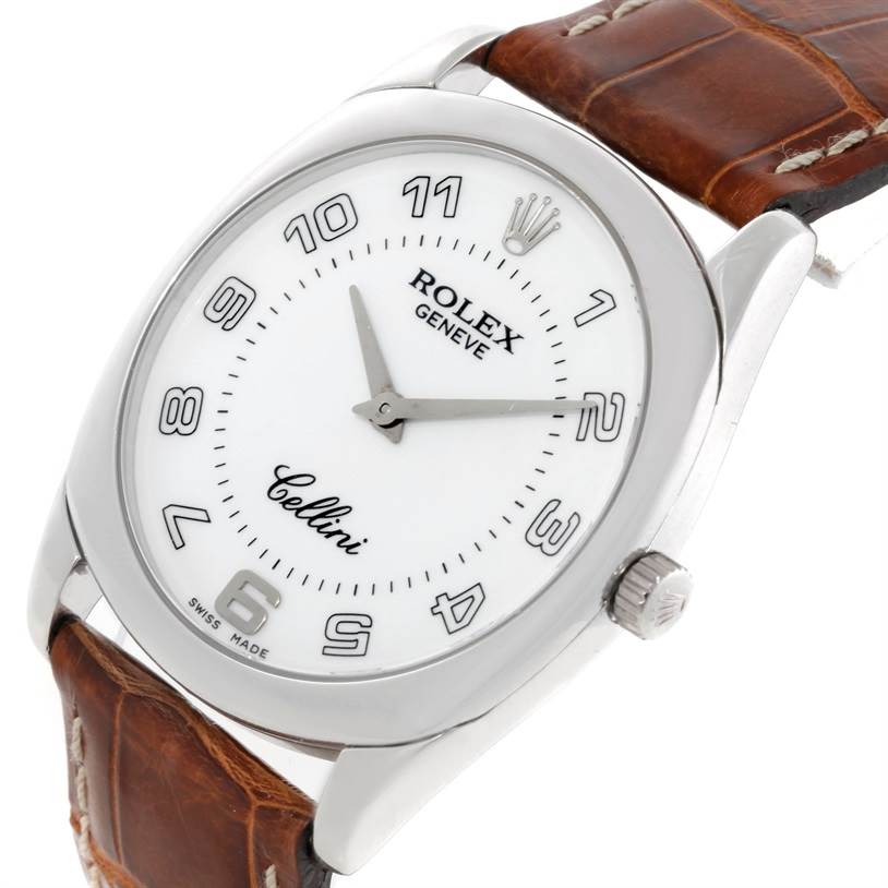 The image shows a Rolex Cellini 4233 Men's White Gold White Dial 4233 Men's White Gold White Dial watch at an angled view, displaying its white dial, numerals, crown, and brown leather strap.