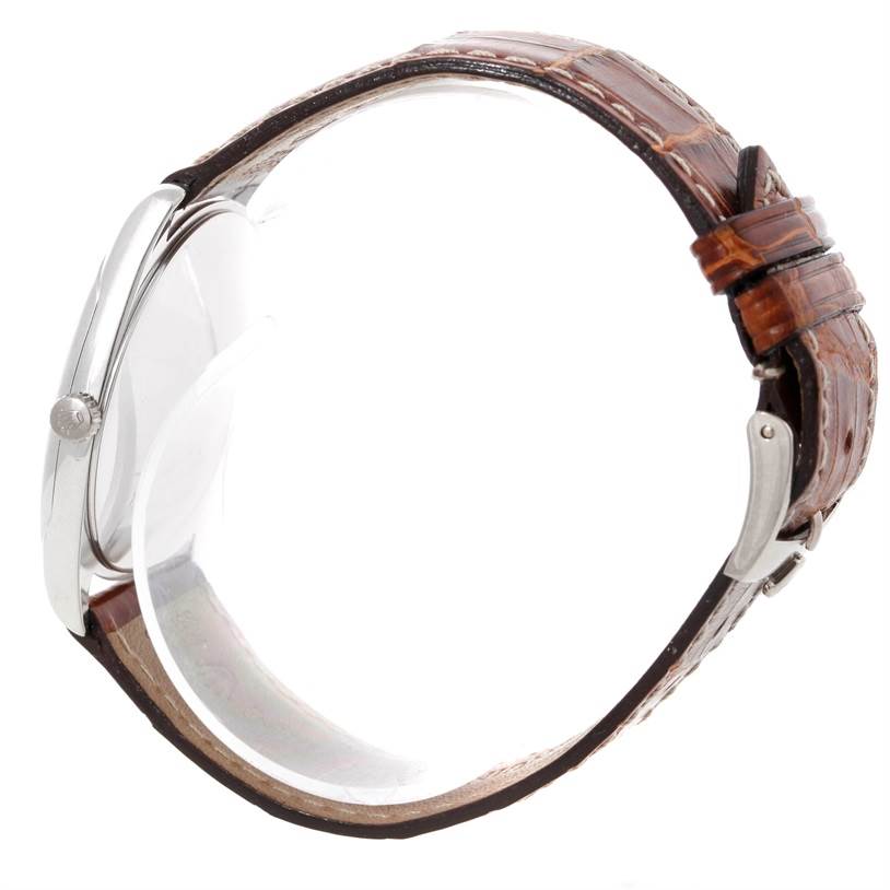 The image shows a side view of a Rolex Cellini 4233 Men's White Gold White Dial 4233 Men's White Gold White Dial watch, highlighting its case, crown, and leather strap.