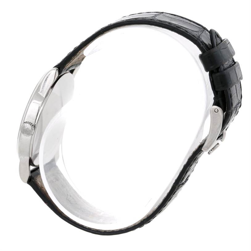 The image shows a side view of a Rolex Cellini 5116 Men's White Gold Grey Dial 5116 Men's White Gold Grey Dial watch, highlighting its case and black leather strap.