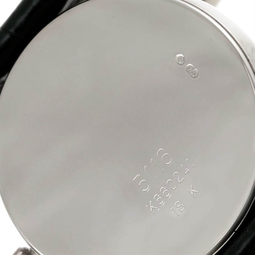 This image shows the case back of a Rolex Cellini 5116 Men's White Gold Grey Dial 5116 Men's White Gold Grey Dial watch, highlighting the engraved model number and hallmarks.