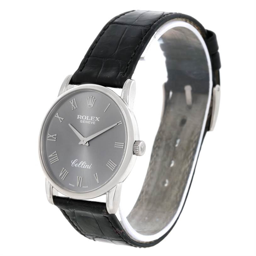 This image shows the Rolex Cellini 5116 Men's White Gold Grey Dial 5116 Men's White Gold Grey Dial watch at a slight angle, highlighting the watch face, bezel, and leather strap.