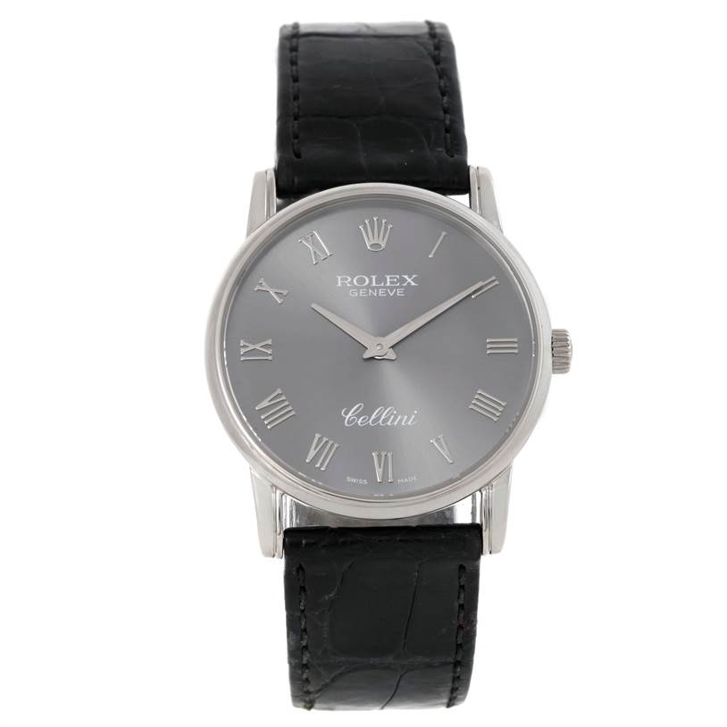The image shows a front view of the Rolex Cellini 5116 Men's White Gold Grey Dial 5116 Men's White Gold Grey Dial watch, highlighting its face, dial, and black leather strap.