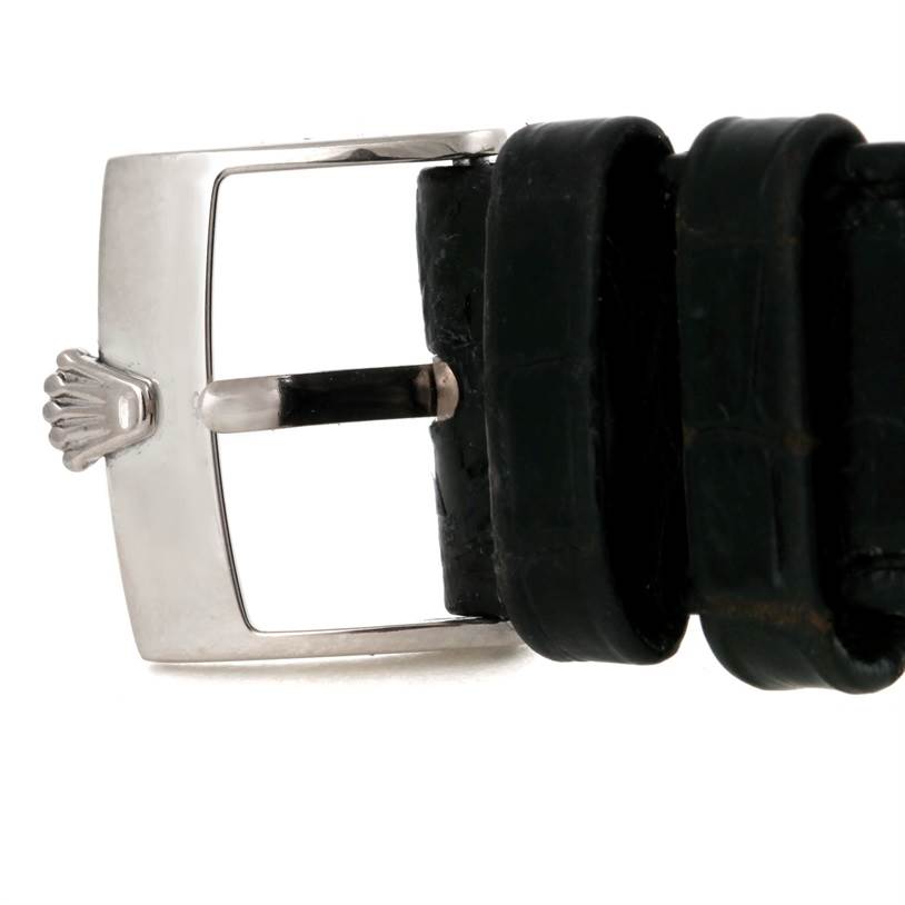 The image shows a close-up of the buckle and strap of a Rolex Cellini 5116 Men's White Gold Grey Dial 5116 Men's White Gold Grey Dial watch.