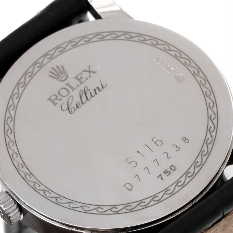 The image shows the back case of a Rolex Cellini 5116 Men's White Gold Grey Dial 5116 Men's White Gold Grey Dial model watch, highlighting the engraving details and serial numbers.