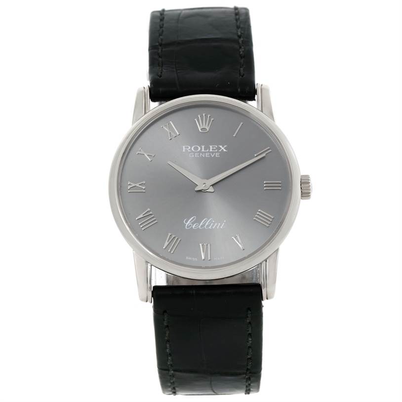 The image shows a front view of a Rolex Cellini 5116 Men's White Gold Grey Dial 5116 Men's White Gold Grey Dial watch, highlighting its face, bezel, and band.