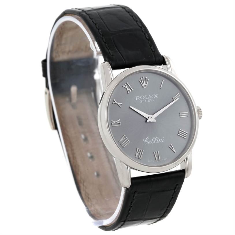The image shows a Rolex Cellini 5116 Men's White Gold Grey Dial 5116 Men's White Gold Grey Dial watch angled to display its face, bezel, and black leather strap.