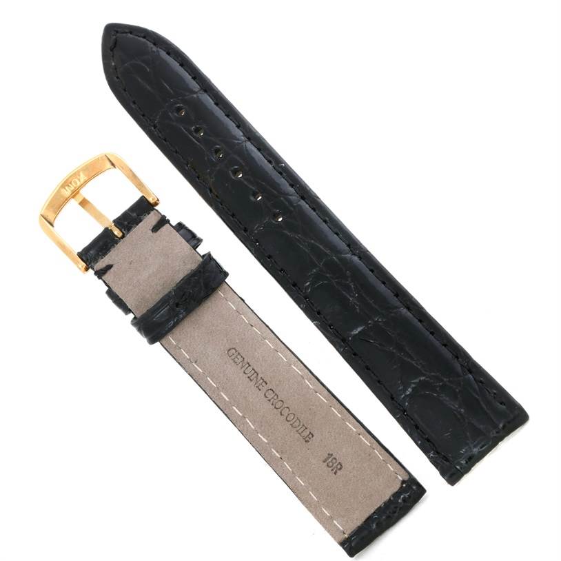 This image shows two leather watch straps, one with a gold buckle, for the Rolex Cellini 5116 Men's White Gold Grey Dial 5116 Men's White Gold Grey Dial model from a top-down angle.