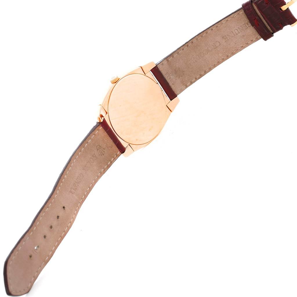 The image shows the case back and leather strap of a Rolex Cellini 5330 Men's Rose Gold White Dial 5330 Men's Rose Gold White Dial watch, viewed from the back.