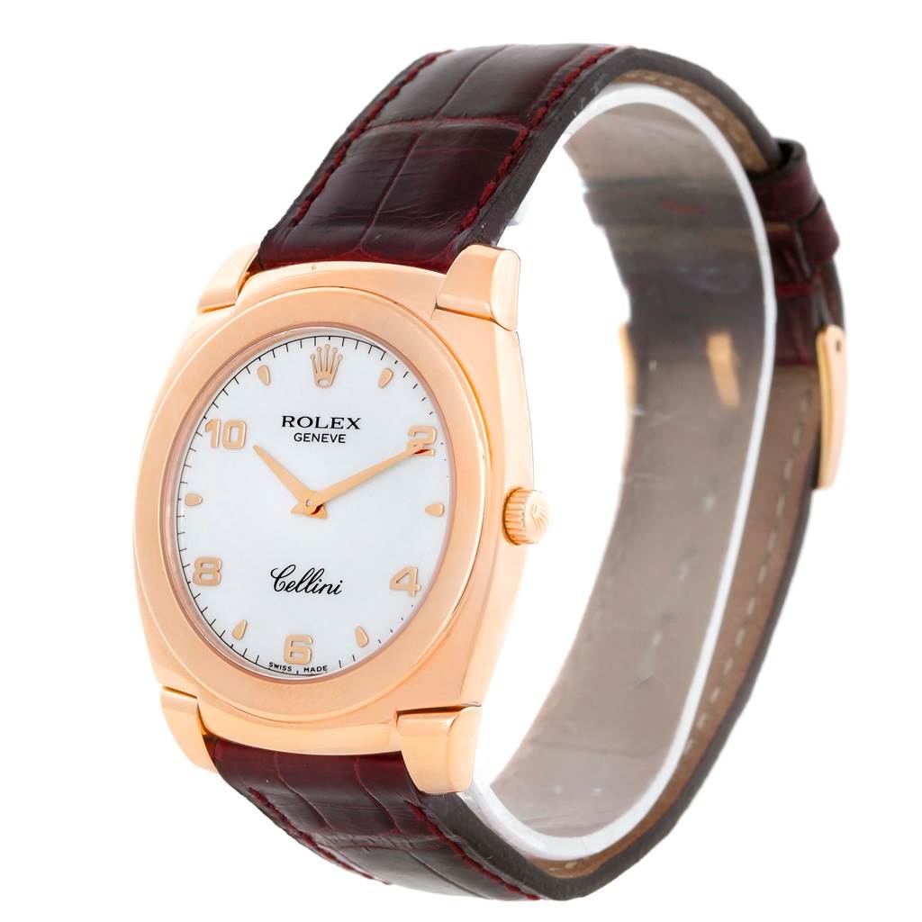 The image shows a Rolex Cellini 5330 Men's Rose Gold White Dial 5330 Men's Rose Gold White Dial watch at a slight angle, highlighting its face, crown, and leather strap.