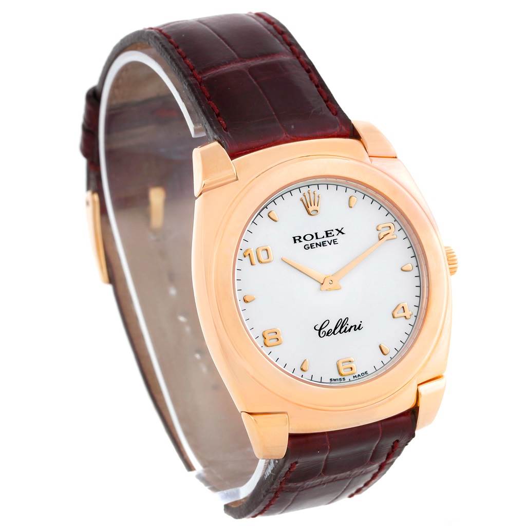 The image shows a Rolex Cellini 5330 Men's Rose Gold White Dial 5330 Men's Rose Gold White Dial watch at a three-quarter angle, highlighting the face, dial, and leather strap.
