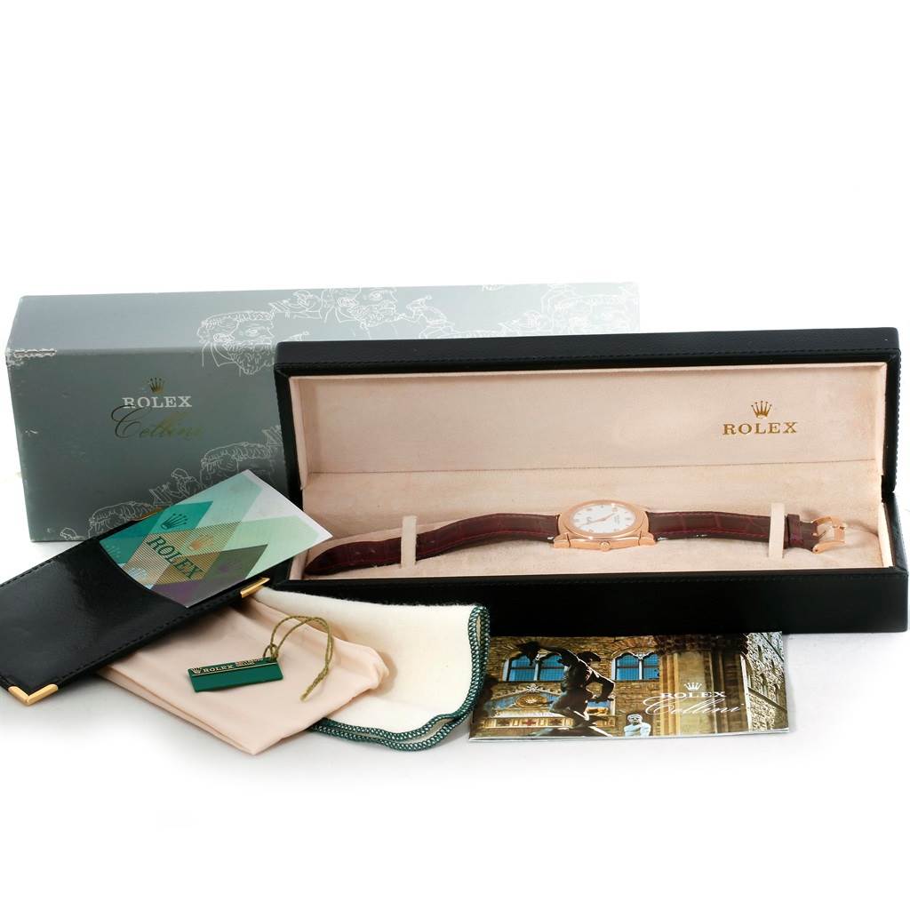 The image shows a Rolex Cellini 5330 Men's Rose Gold White Dial 5330 Men's Rose Gold White Dial watch inside its box, accompanied by its outer box, manuals, tag, and cloth.