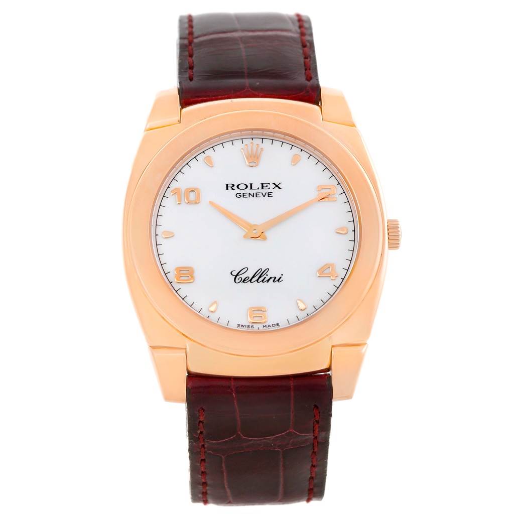 The image shows a front view of a Rolex Cellini 5330 Men's Rose Gold White Dial 5330 Men's Rose Gold White Dial watch with a white dial, golden hour markers, and a brown leather strap.