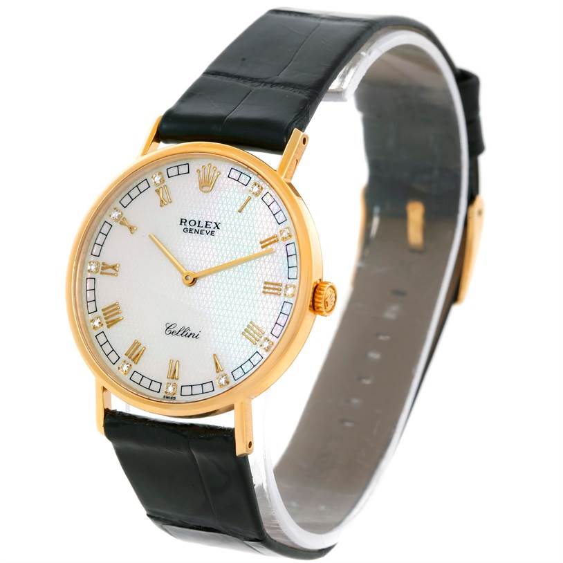 The image shows a Rolex Cellini 5112 Men's Yellow Gold Mother of Pearl Dial 5112 Men's Yellow Gold Mother of Pearl Dial watch at a slight angle, displaying the face, strap, and side crown.