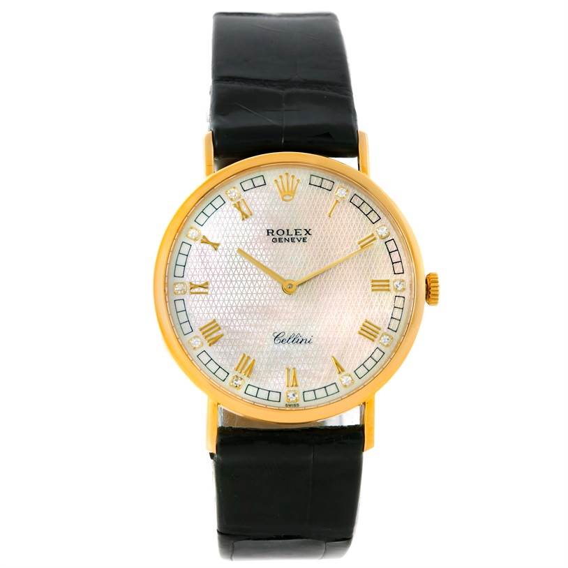 The image shows a front view of a Rolex Cellini 5112 Men's Yellow Gold Mother of Pearl Dial 5112 Men's Yellow Gold Mother of Pearl Dial watch displaying the face, crown, and strap.