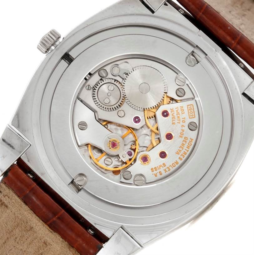 The image shows the back view of the Rolex Cellini 5330 Men's White Gold Mother of Pearl Dial 5330 Men's White Gold Mother of Pearl Dial watch, revealing the intricate internal mechanical movement.