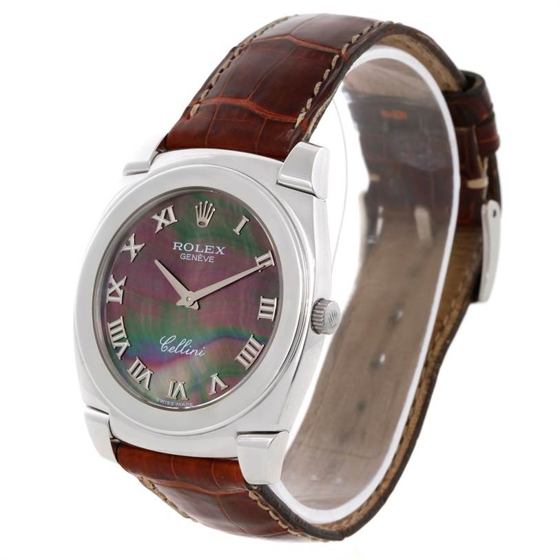 This image shows a Rolex Cellini 5330 Men's White Gold Mother of Pearl Dial 5330 Men's White Gold Mother of Pearl Dial watch at an angle displaying its face, side, and leather strap.