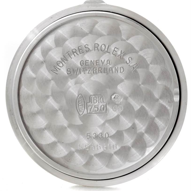 This image shows the inner case back of a Rolex Cellini 5330 Men's White Gold Mother of Pearl Dial 5330 Men's White Gold Mother of Pearl Dial watch, highlighting markings and engravings.