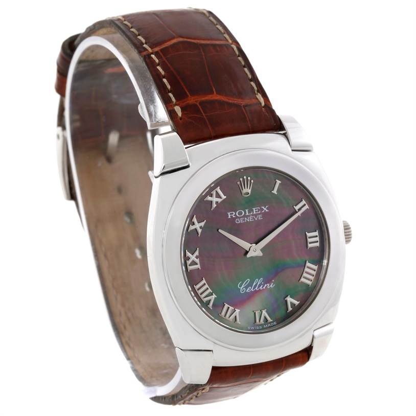 The image shows a Rolex Cellini 5330 Men's White Gold Mother of Pearl Dial 5330 Men's White Gold Mother of Pearl Dial watch at a slight side angle, highlighting its brown leather strap, Roman numeral dial, and stainless steel case.
