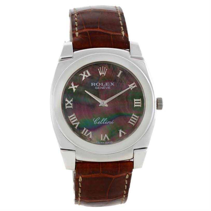The image shows a front view of a Rolex Cellini 5330 Men's White Gold Mother of Pearl Dial 5330 Men's White Gold Mother of Pearl Dial watch with a brown leather strap and a round dial featuring Roman numerals.