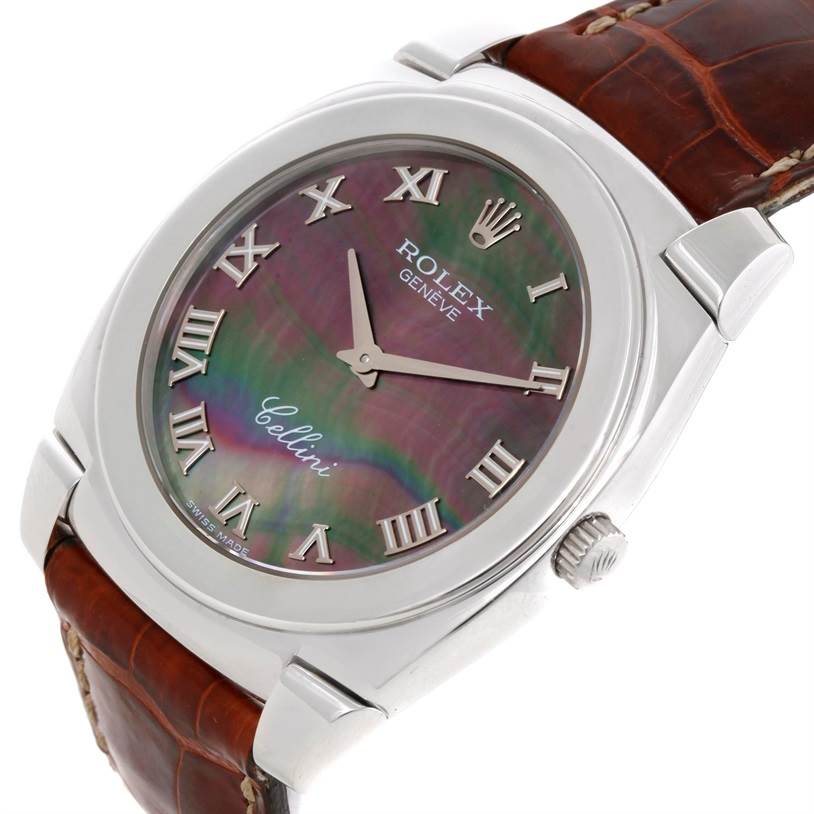 This image shows a close-up angle of the dial and upper strap of the Rolex Cellini 5330 Men's White Gold Mother of Pearl Dial 5330 Men's White Gold Mother of Pearl Dial watch.
