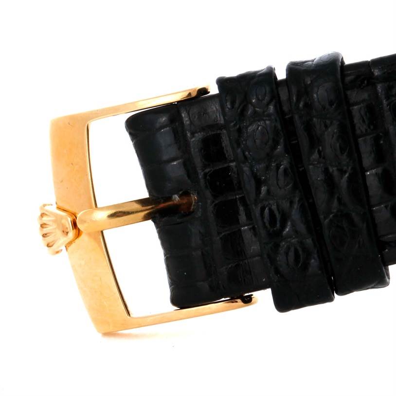 This image shows the gold buckle and black leather strap of a Rolex Cellini 5115 Men
s Yellow Gold Champagne Dial 5115 Men
s Yellow Gold Champagne Dial watch.