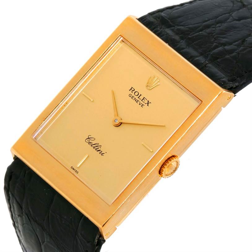 This image shows a Rolex Cellini 5071 Men's Yellow Gold Champagne Dial 5071 Men's Yellow Gold Champagne Dial watch at a slight angle, highlighting its rectangular face, hands, crown, and strap.