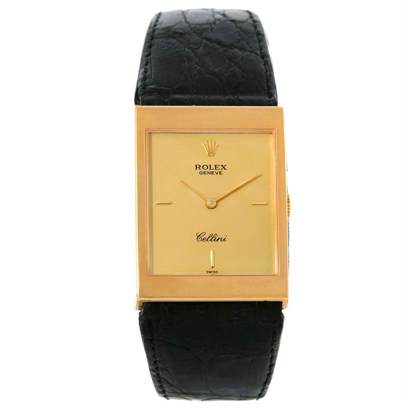 The image shows a front view of a Rolex Cellini 5071 Men's Yellow Gold Champagne Dial 5071 Men's Yellow Gold Champagne Dial watch, highlighting its gold rectangular dial and black leather strap.