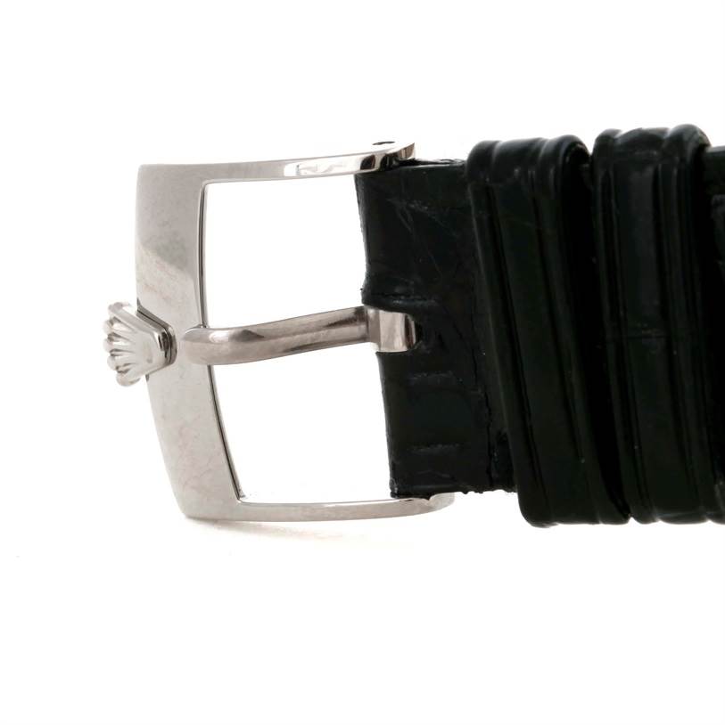 The image shows a close-up of the buckle and strap of a Rolex Cellini 5320 White Gold Mother of Pearl Dial 5320 White Gold Mother of Pearl Dial watch, focusing on the clasp detail.